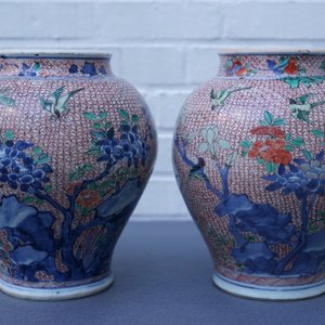 Een paar Chinese wucai potten met bloemen en vogels, Transitie periode — foto 7