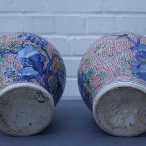 Een paar Chinese wucai potten met bloemen en vogels, Transitie periode — foto 10