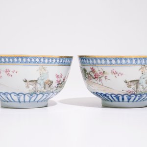 Een paar en een set van drie Chinese kommen met qianjiang cai decor, 19/20e eeuw — foto 8