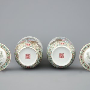 Een paar fijne Chinese famille rose dekselvazen met kwartels, Republiek, 20e eeuw — foto 6