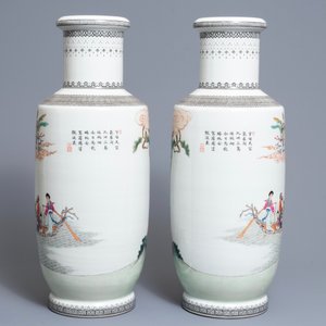Een paar fijne Chinese famille rose rouleau vazen, Qianlong merk, Republiek, 20e eeuw — foto 3