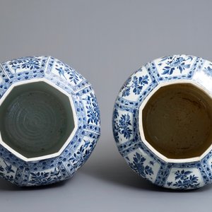 Een paar grote Chinese blauwwitte dekselvazen met floraal decor in vakverdeling, Kangxi — foto 5