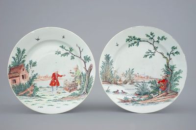 Een paar in Nederland beschilderde Chinese borden met "De Eendenjacht", 18e eeuw