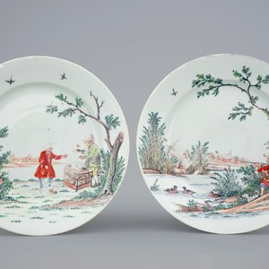 Een paar in Nederland beschilderde Chinese borden met "De Eendenjacht", 18e eeuw — foto 1