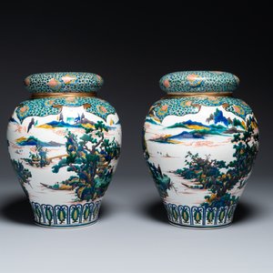 Een paar Japanse Kutani dekselvazen met landschapsdecor, Meiji, 19e eeuw — foto 2