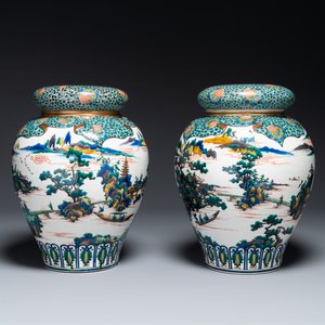 Een paar Japanse Kutani dekselvazen met landschapsdecor, Meiji, 19e eeuw — foto 3