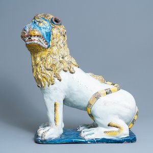 Een paar monumentale modellen van leeuwen in polychroom aardewerk uit Rouen, Frankrijk, 18e eeuw — foto 9