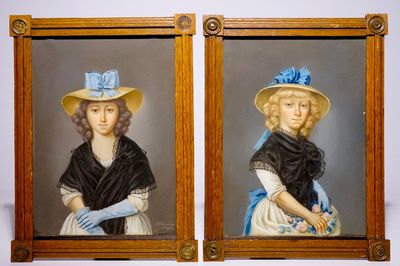 Een paar pastel portretten van jongedames, gesigneerd Vollmöller, gedat. 1790