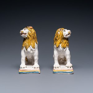 Een paar polychrome aardewerken modellen van leeuwen, Rouen, Frankrijk, 1e helft 18e eeuw — foto 3