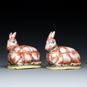 Een paar polychrome Delftse terrines in de vorm van hazen, 18e eeuw — foto 2