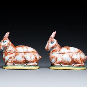 Een paar polychrome Delftse terrines in de vorm van hazen, 18e eeuw — foto 3