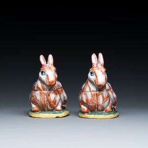 Een paar polychrome Delftse terrines in de vorm van hazen, 18e eeuw — foto 5