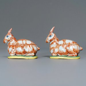Een paar polychrome Delftse terrines in de vorm van hazen, 18e eeuw — foto 4