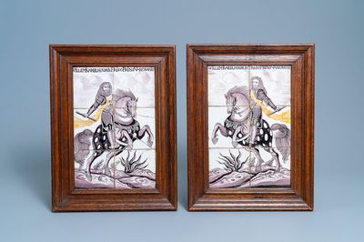 Een paar tegeltableaus met Willem van Oranje te paard in mangaan en geel, 18e eeuw