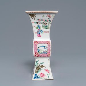 Een paar vierkante Chinese famille rose 'Romance of the Western chamber' vazen, Yongzheng — foto 4
