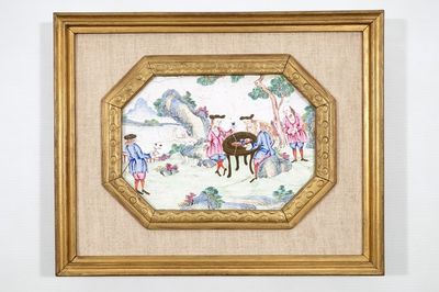 Een plaquette in Canton emaille met decor van Europeanen, 18e eeuw