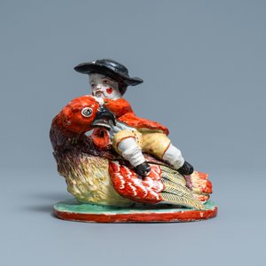 Een polychrome Delftse dekseldoos in de vorm van een jongen op een vogel, 18e eeuw — foto 2