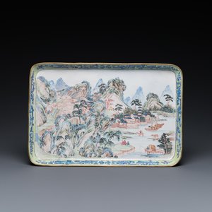 Een rechthoekig Chinees plateau met een berglandschap in Canton email, Yongzheng — foto 1