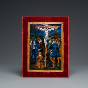 Een rechthoekige email plaquette met de Kruisiging, Limoges, Frankrijk, 16e eeuw — foto 1