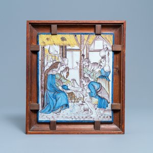 Een rechthoekige polychrome 'Aanbidding der herders' plaquette, Rijsel, Frankrijk, 1e kwart 19e eeuw — foto 1