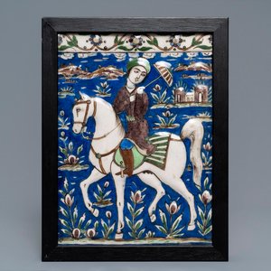 Een rechthoekige Qajar tegel met een prins te paard, Iran, 19e eeuw — foto 1