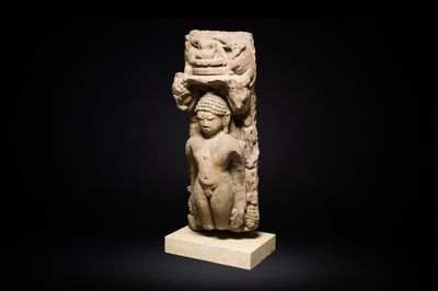 Een rode zandstenen stele van de staande Jain Thirtankar Parshvanatha, India, Pala periode, 11e eeuw