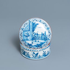 Een ronde blauw-witte Delftse dekseldoos met scènes uit de tabaksoogst, 18e eeuw — foto 1