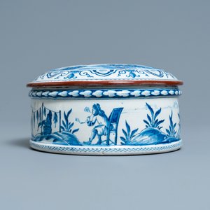 Een ronde blauw-witte Delftse dekseldoos met scènes uit de tabaksoogst, 18e eeuw — foto 3