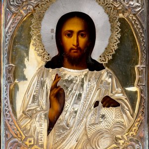 Een Russisch ikoon van Christus Salvator Mundi in zilver en geel koper, gemerkt, ca. 1880 — foto 3