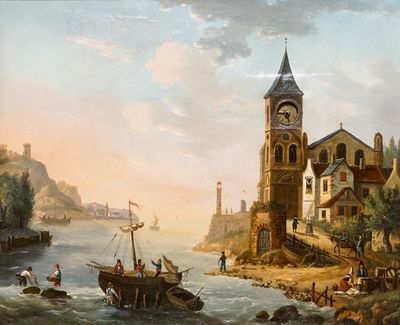 Een schilderijklok met havenzicht, gesign. Bossuet, olie op doek, binnenwerk van Bordier, Genève, 19e eeuw