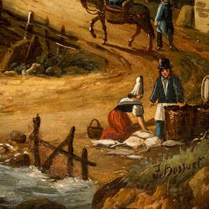 Een schilderijklok met havenzicht, gesign. Bossuet, olie op doek, binnenwerk van Bordier, Genève, 19e eeuw — foto 5
