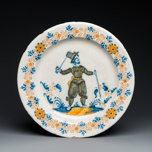 Een schotel met een soldaat in polychrome Italiaanse majolica, atelier van Giacomo Mancini, Deruta, 1e helft 17e eeuw — foto 1