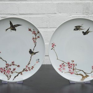 Een set van 4 Chinese famille rose borden met vogels en bloemen, 20e eeuw — foto 4