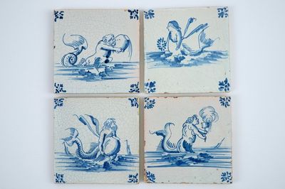 Een set van 4 Gentse tegels met zeewezens, 17e eeuw