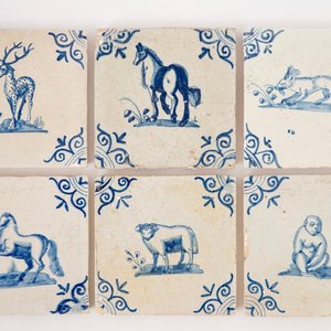 Een set van 6 blauw-witte Delftse tegels met dieren, 17e eeuw — foto 1