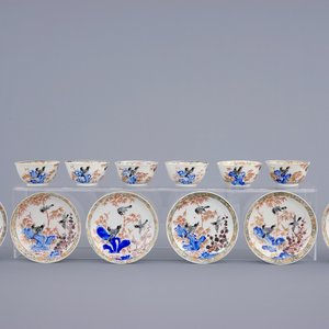 Een set van 6 Chinese koppen en schotels met vogels tussen bamboe, Yongzheng/Qianlong, 18e eeuw — foto 1