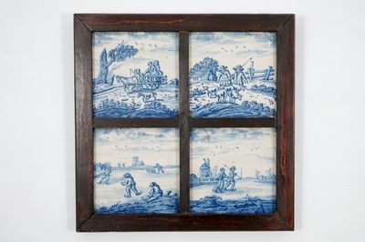 Een set van vier fraaie blauw-witte "Openlucht" tegels, 18e eeuw
