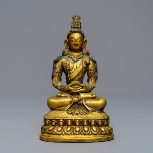 Een Sino-Mongoolse ingelegde verguld bronzen figuur van Amitayus, 18/19e eeuw — foto 1