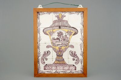 Een tegeltableau met 12 tegels in mangaan en geel, Rotterdam, 18e eeuw