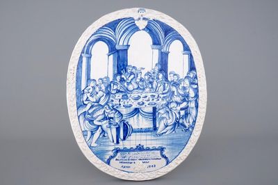 Een uitzonderlijk grote blauw-witte plaque met "De Bruiloft te Kana", Amsterdam, ca. 1743