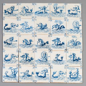 Een uitzonderlijke set van 25 blauw-witte Delftse tegels met fijne zeemonsters, Harlingen, Friesland, 17e eeuw — foto 1