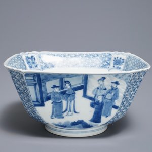 Een vierkante Chinese blauwwitte kom met figuren, Chenghua merk, Kangxi — foto 1