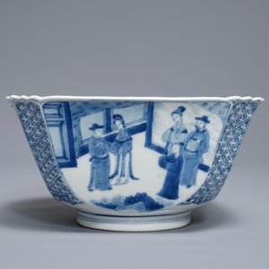 Een vierkante Chinese blauwwitte kom met figuren, Chenghua merk, Kangxi — foto 2