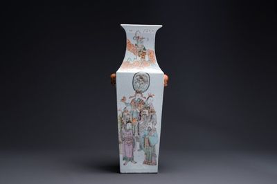 Een vierkante Chinese qianjiang cai vaas, gesigneerd Huang Ruming 黃汝銘, 19/20e eeuw