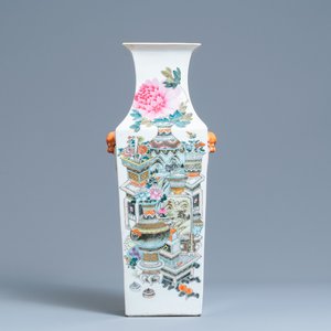 Een vierkante Chinese qianjiang cai vaas met antiquiteiten, 19e eeuw — foto 1