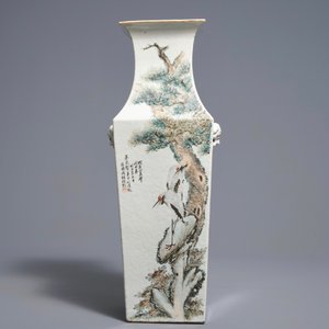 Een vierkante Chinese qianjiang cai vaas met landschapsdecor, Wang Youtang, vroeg 20e eeuw — foto 3