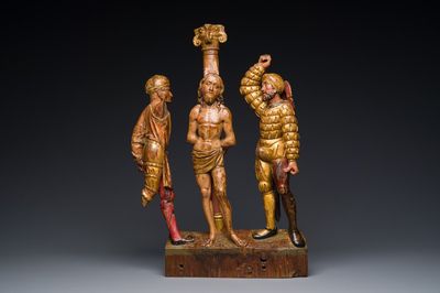 Een Vlaams gepolychromeerd en verguld houten retabelfragment met 'De geseling van Christus', wellicht Antwerpen, begin 16e eeuw