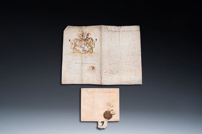 Een Vlaams handschrift op perkament met wapendecor en één gedateerd 1587 met zegel, 16e eeuw