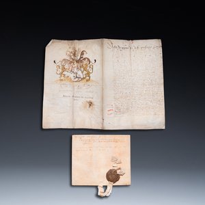 Een Vlaams handschrift op perkament met wapendecor en één gedateerd 1587 met zegel, 16e eeuw — foto 1