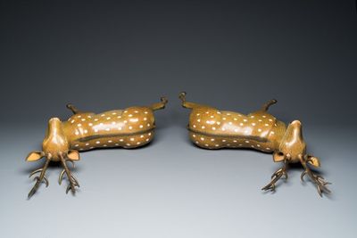 Een zeer fijn en groot paar Chinese cloisonné herten op opengewerkte houten sokkels, 19e eeuw — foto 7